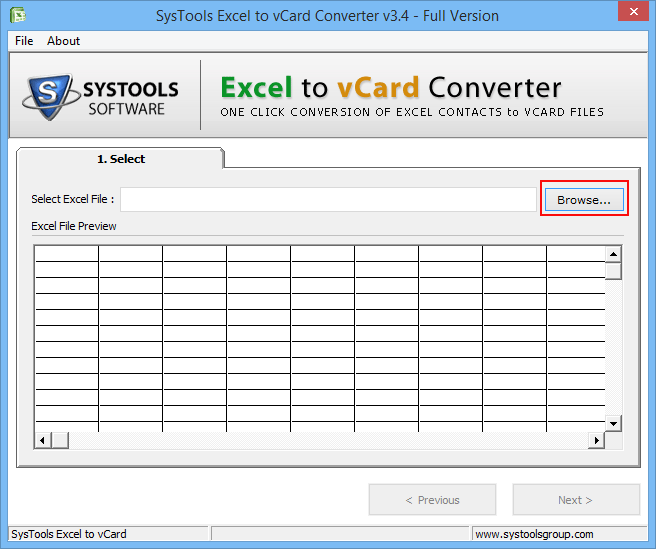 initial screen of excel to vcard converter