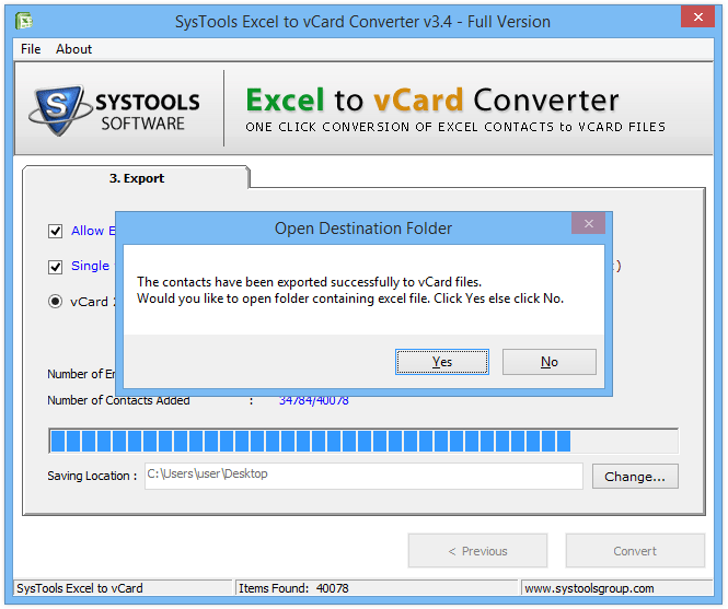 Successfully completed excel to vcard conversion process